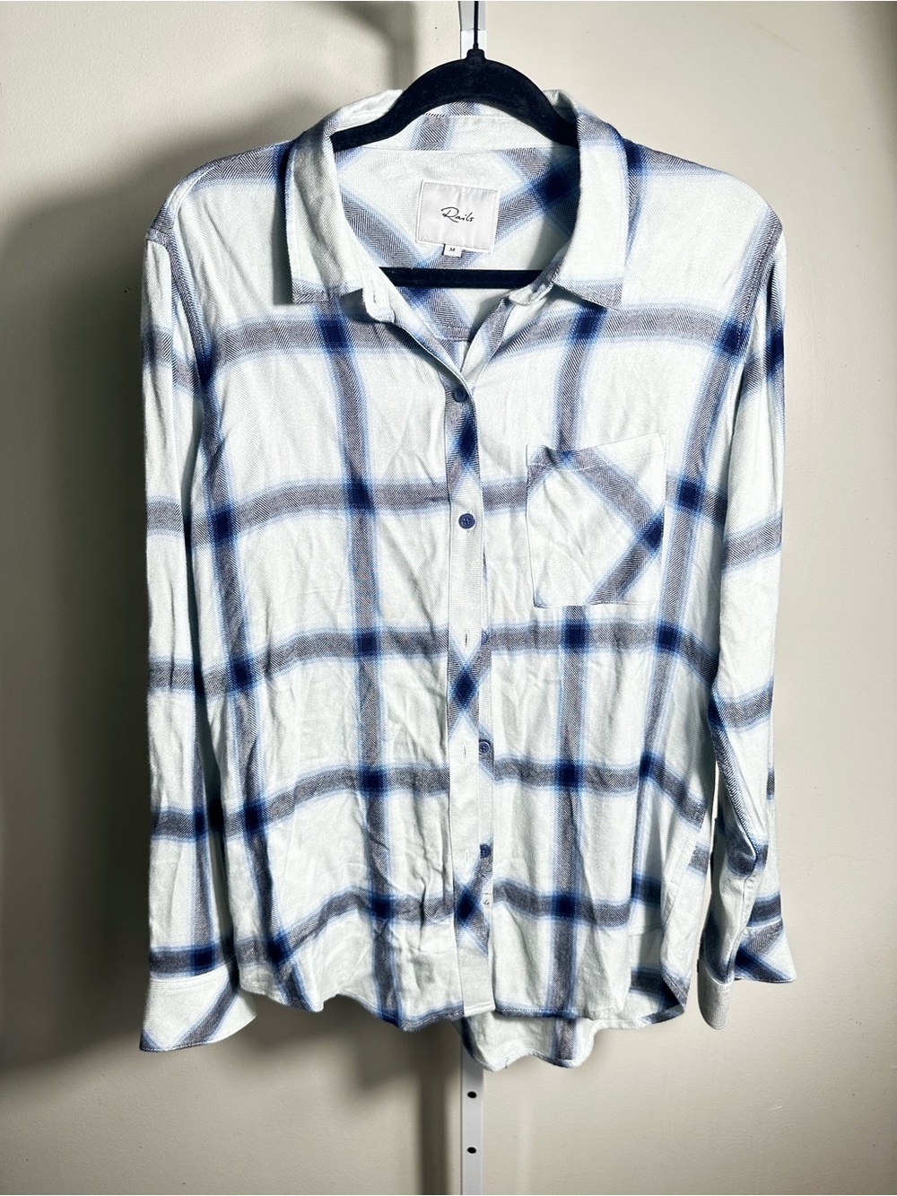S80. Rails Hunter Medium Blue White Rayon Plaid Button up Shirt